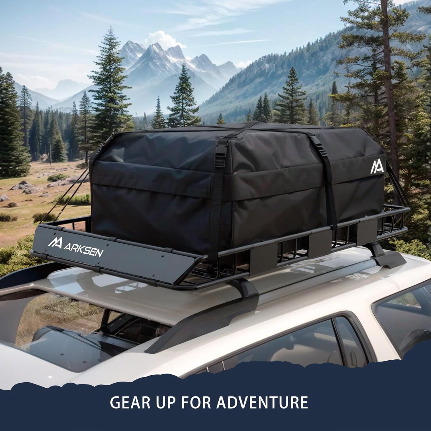 ARKSEN 64 x 39 x 5 Inch Upgrade Universal Roof Rack with Waterproof Bag, Cargo Net & 2 Ratchet Straps - 150Lbs Capacity Heavy Duty Cargo Carrier with Extension for Car, SUV & Pickup