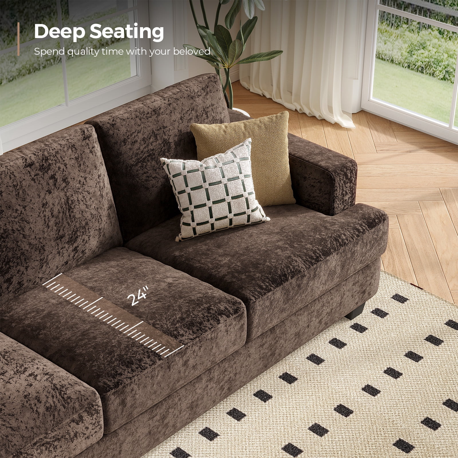 BLAZANT 89" Extra Deep Seats Oversize, Chenille Fabric 3 Seater Sofa for Living Room, Modern Couch and Sofa, Comfy Armrests and Seats and Backrests, Easy Installation,Dark Brown