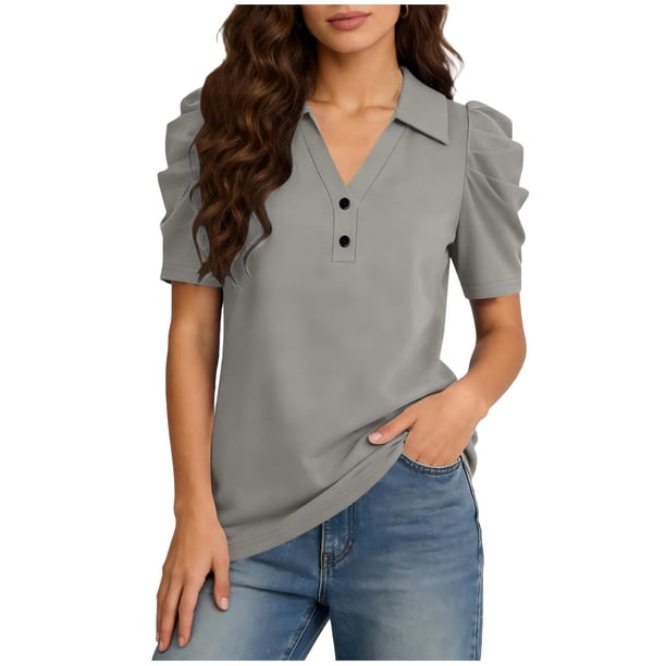Camisetas de Manga Corta de Verano para Mujeres Moda Pullover de Color Sólido Botón de Solapa Botón Extraíble Camisetas de Manga Corta de Verano de las Mujeres
