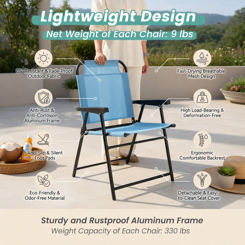 Hommoo 2-Pack Folding Patio Dining Chairs with Armrests, Metal Outdoor Chairs, No Assembly Required, Blue
