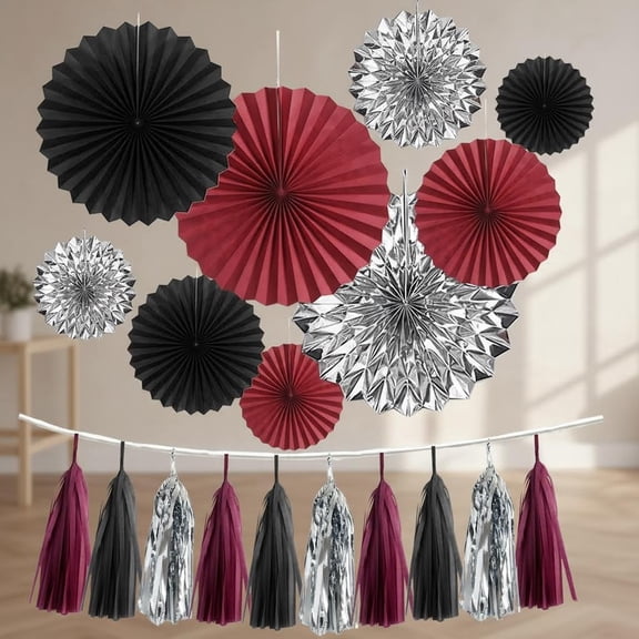 Maroon Decorations Burgundy Black Silver Party Decor Tassel Garland Banner Paper Flower Fans Streamers Wall Hanging Backdrop