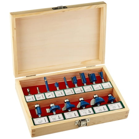 Carbide Chamfer Bits (10106A Tungsten Carbide Router Bit Set, 15 Piece | Flush Trim, Straight Bit, Chamfer | Made for Woodworking, Wide assortment 15 piece set of 1/4