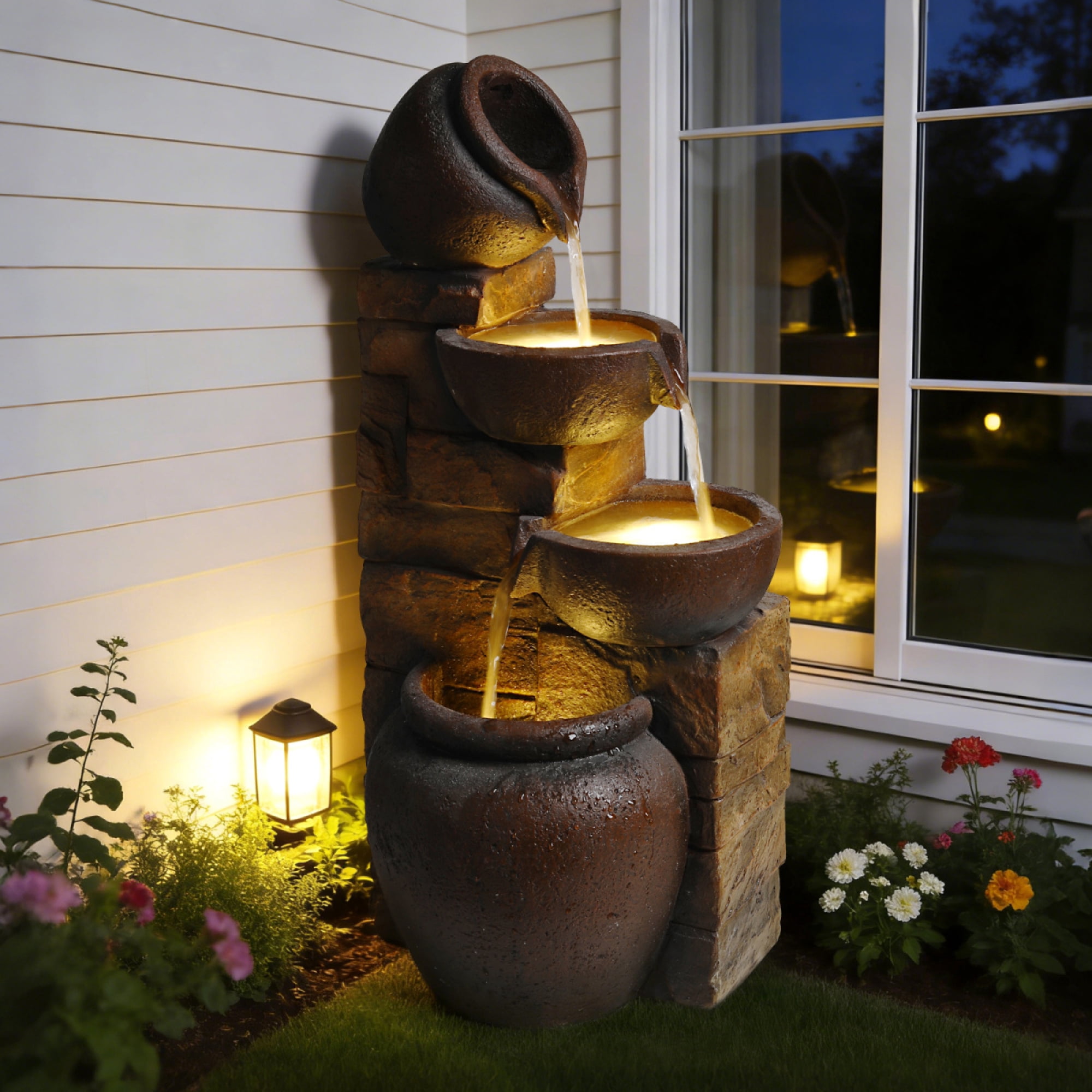 26" Outdoor Water Fountain with LED Lights, 4-Tier Cascading Pottery Jar Waterfall on Faux Stone Wall, Rustic Resin Garden Decor for Patio, Yard and Porch