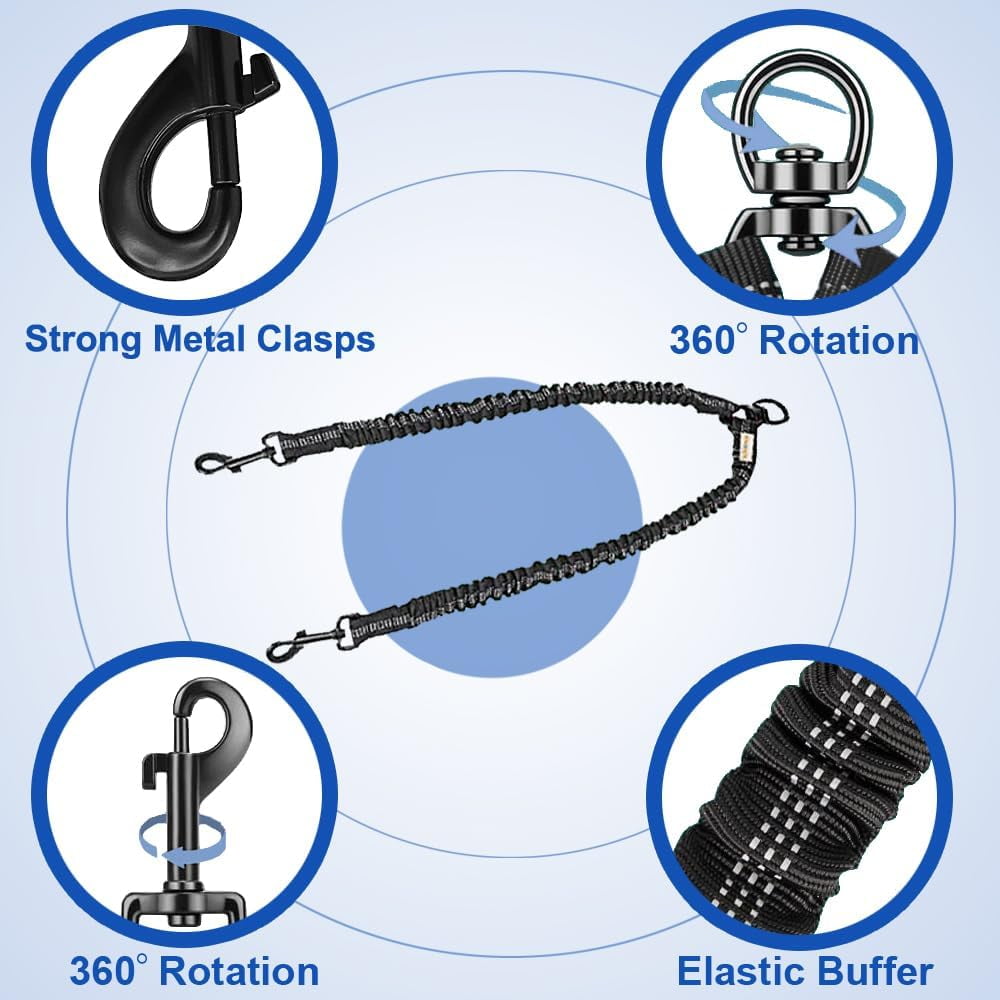 Double Dog Leash, Dual Dog Leash, 360° Swivel Tangle Free Bungee Walking Training for Large Medium Dogs, Shock Absorbing Bungee Reflective for Two Dogs, 18~121 lbs
