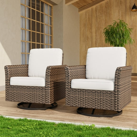 COOS BAY Harbor Retreat Mix Brown Rattan Wicker Outdoor Patio Swivel Glider Rocking Chairs with Curved Armrest, Beige Cushions, Set of 2