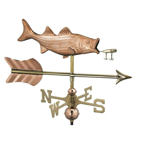 Bass with Lure and Arrow Cottage Weathervane - Pure Copper w/Roof Mount by Good Directions