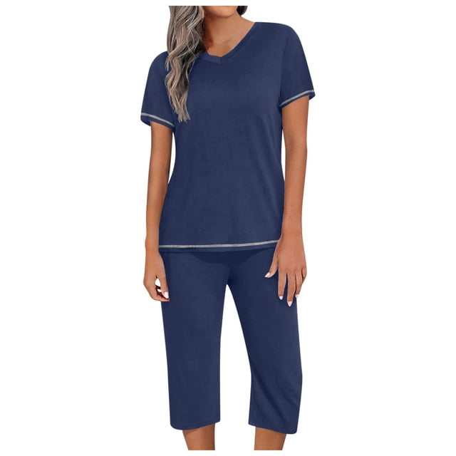 HNMKIU Pyjama Grande Taille pour Femmes Ensemble de Pyjama Deux Pièces Col en V et Shorts