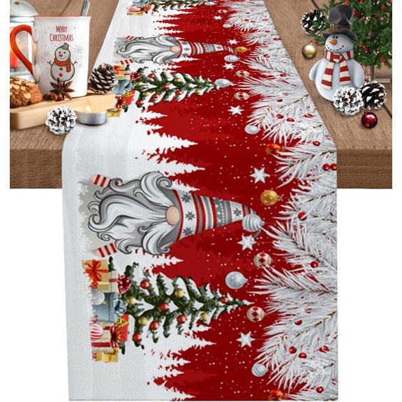 Christmas Gnome Table Runner, Winter Merry Christmas Tree Balls Cotton Linen Tablecloth Holiday Farmhouse Table Decor for Home,Kitchen,Dining Room,Indoor,Outdoor,Small 13X36 Inches Red