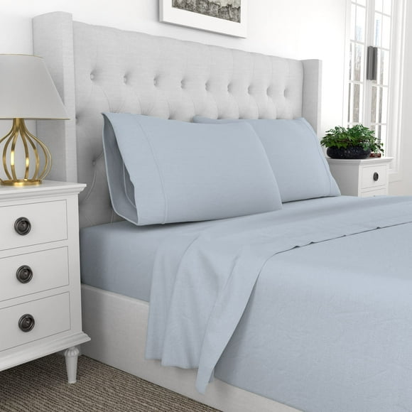 100% Cotton Ultra-Soft & Silky Wrinkle-Resistant, Sateen Weave Sheets - 300 Thread Count, 4-Piece Low Shrinking Sheets (1 Flat Sheet, 1 Fitted Sheet, 2 Pillowcases), (Queen, Light Blue) - Color Sense