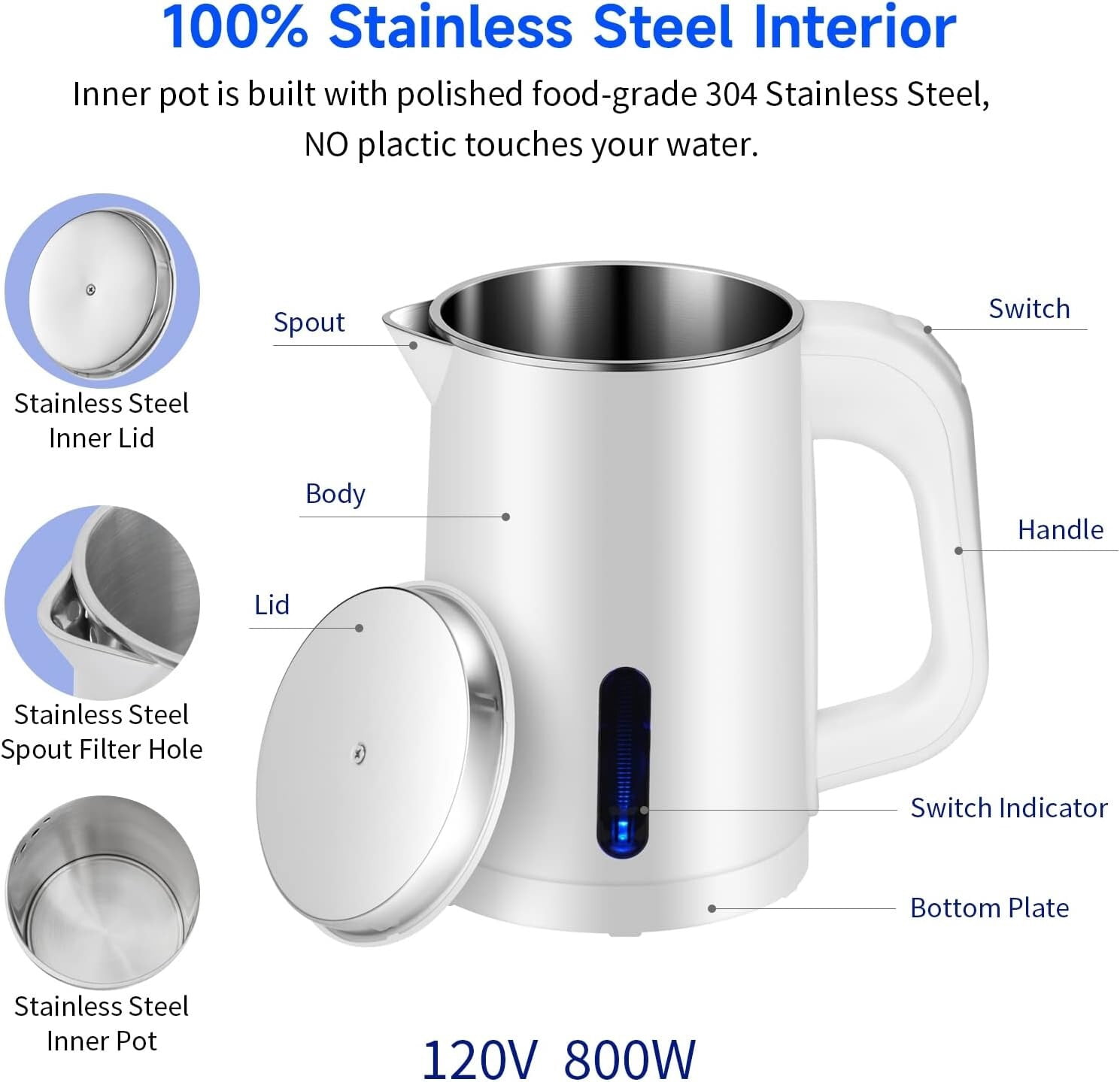 Small Electric Kettle Stainless Steel, 0.8L Portable Travel Kettle...