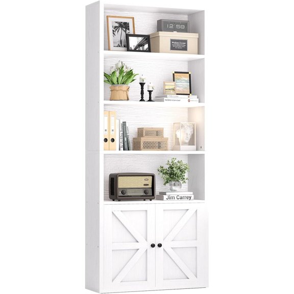 YYEAN 71.5" Tall Bookshelf and Bookcase, 6-Tier Wooden Bookshelves with Cabinet Doors, Floor Bookshelves and Office Storage Cabinets for Home Office, Living Room (White 1 Pack, 6-Tier)