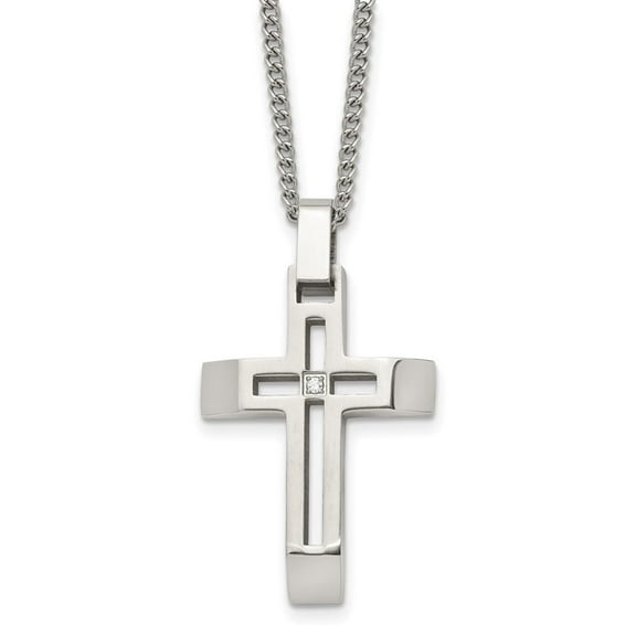 Auriga Fine Jewelry Stainless Steel Brushed with CZ Open Cross Pendant on a Cable Chain Necklace for Men 22"