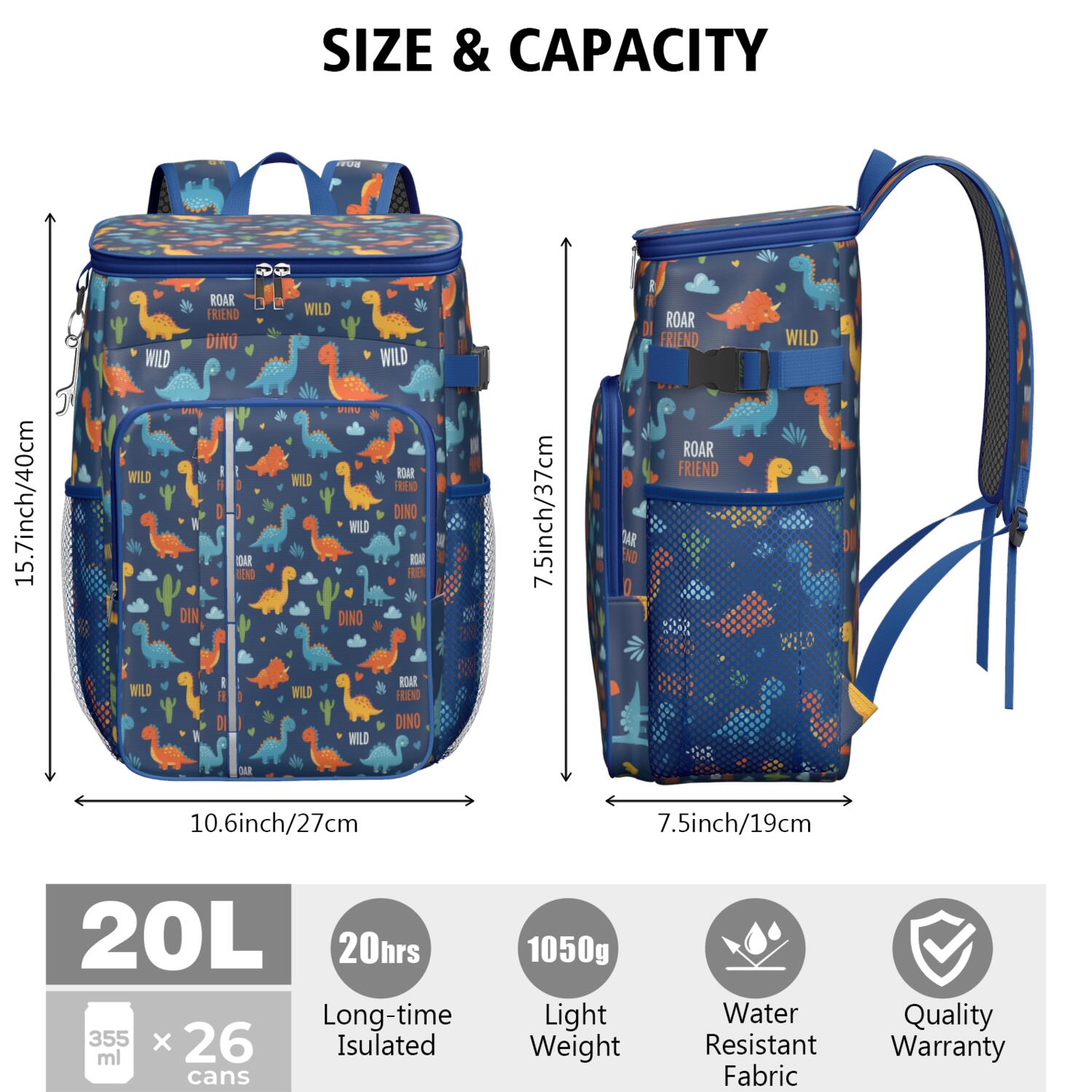Travel Cooler Bag - Blue Dinosaurs with Clouds and Text Camping Beer Cooler Backpack with Bottle Opener- Waterproof Insulated Picnic Backpacks - Cooler Bag for Beach