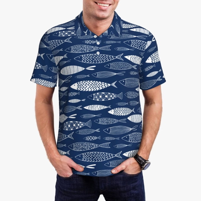 Fotbe Ornamental Fish Pattern Men’s Golf Polo Shirt – Breathable Performance Golf Shirt with Button-Down Collar-3X-Large
