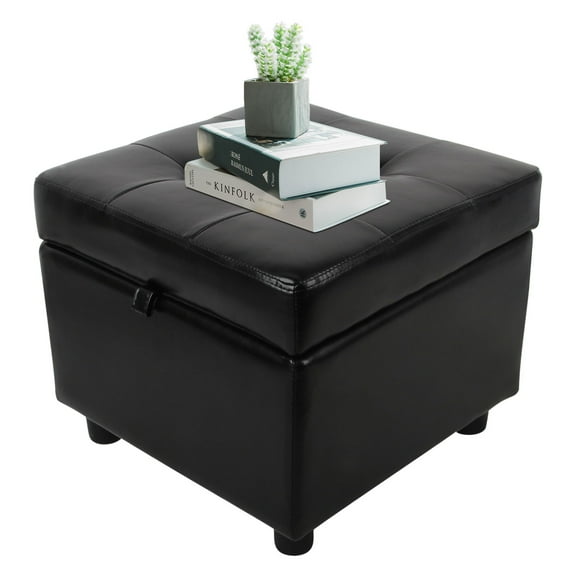 H&B Luxuries Tufted Leather Square Flip Top Storage Ottoman Cube Foot Rest (Black with Storage)