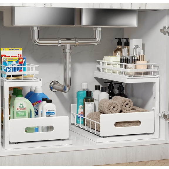 2 Pack Under Sink Organizer with Smooth Ball Bearing Slides,2-Tier Pull Out Cabinet Storage,Slide Out Drawers for Bathroom&Kitchen,Under Sink Shelf,Rust-resistant Coating,Height Adjustable