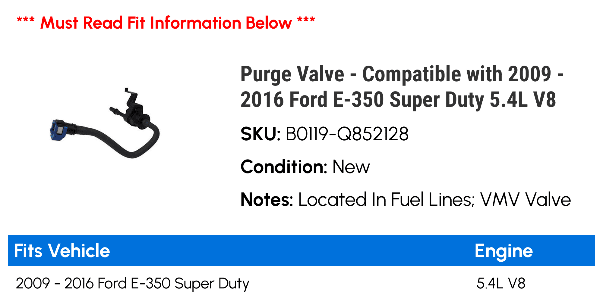 Purge Valve - Compatible with 2009 - 2016 Ford E-350 Super Duty 5.4L V8 2010 2011 2012 2013 2014 2015