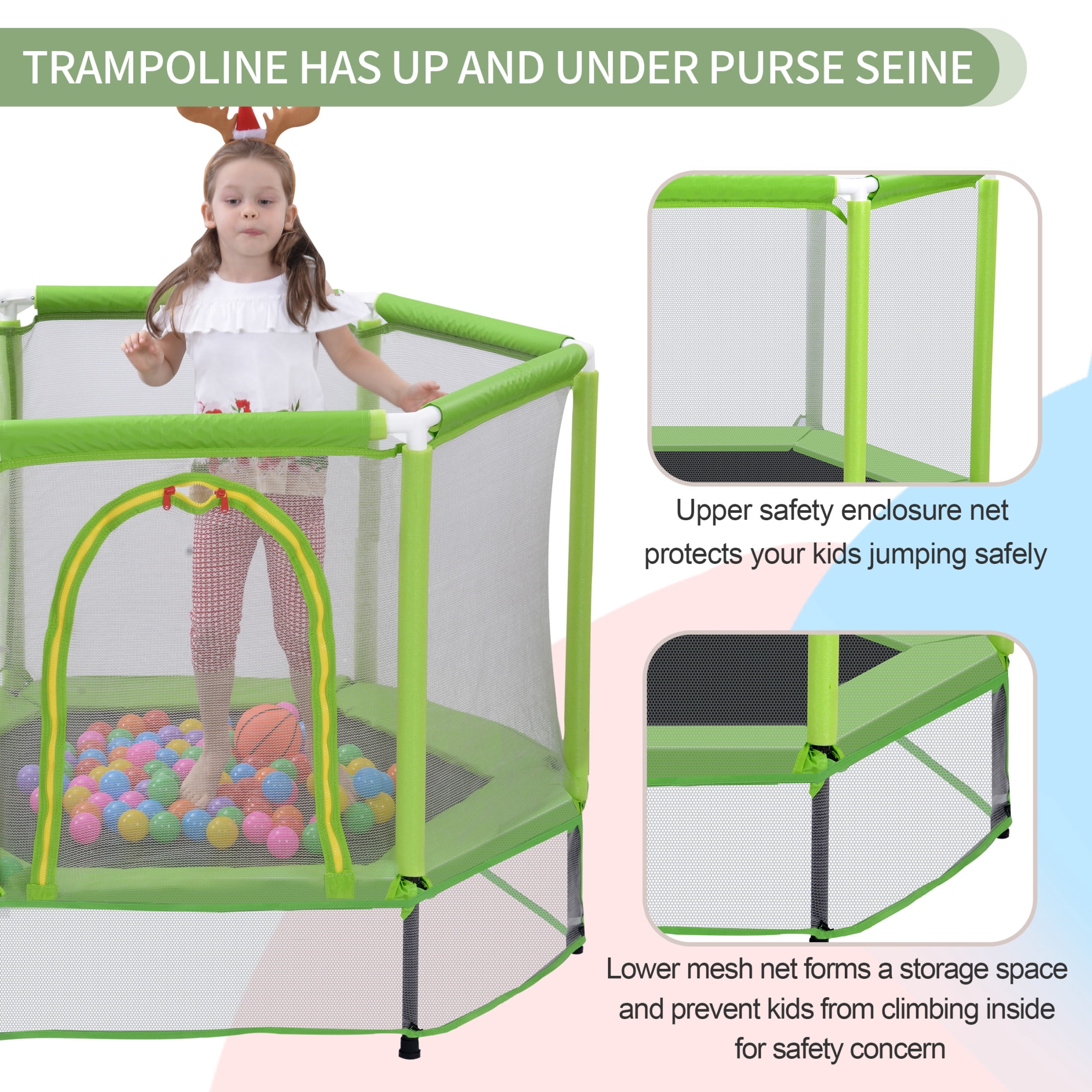 Noble House 55" Trampoline for Kids with Safety Enclosure Net & Ocean Balls, Green