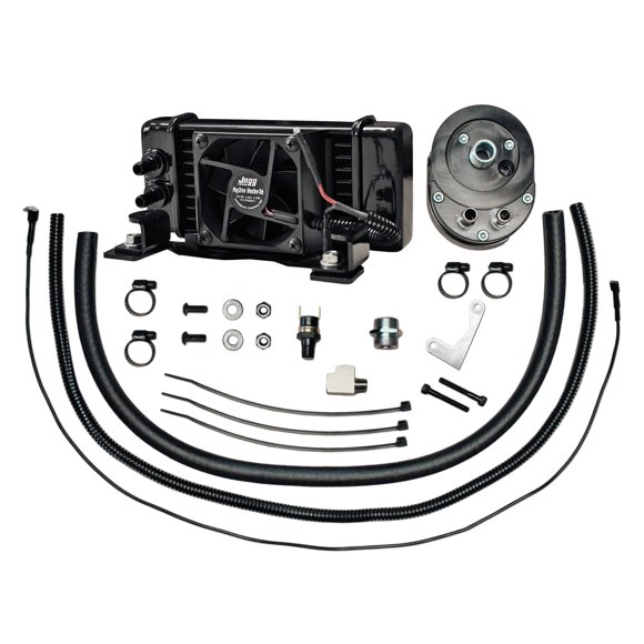 Jagg 751-FP2300, Compatible with Harley-Davidson |10 Row Fan-Assisted Black Horizontal Low Mount Oil Cooler System