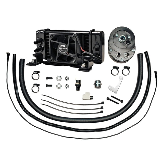 Jagg 751-FP2300, Compatible with Harley-Davidson |10 Row Fan-Assisted Black Horizontal Low Mount Oil Cooler System