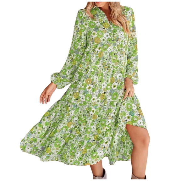 DHFJKG Bohemian Floral Dresses For Women Long Sleeve Casual Loose Fit Turndown Collar Spring Summer Midi Dress Beach OutFits Versatile Dresses
