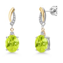 Gem Stone King 925 Silver and 10K Yellow Gold Yellow Lemon Quartz and White Lab Grown Diamond Dangle Earrings for Women | 4.06 Cttw | Gemstone Birthstone | Oval 10X8MM