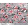 thumbnail image 2 of Soimoi Grey Japan Crepe Satin Fabric Leaves & Camellias Floral Print Sewing Fabric Yard 42 Inch Wide, 2 of 3
