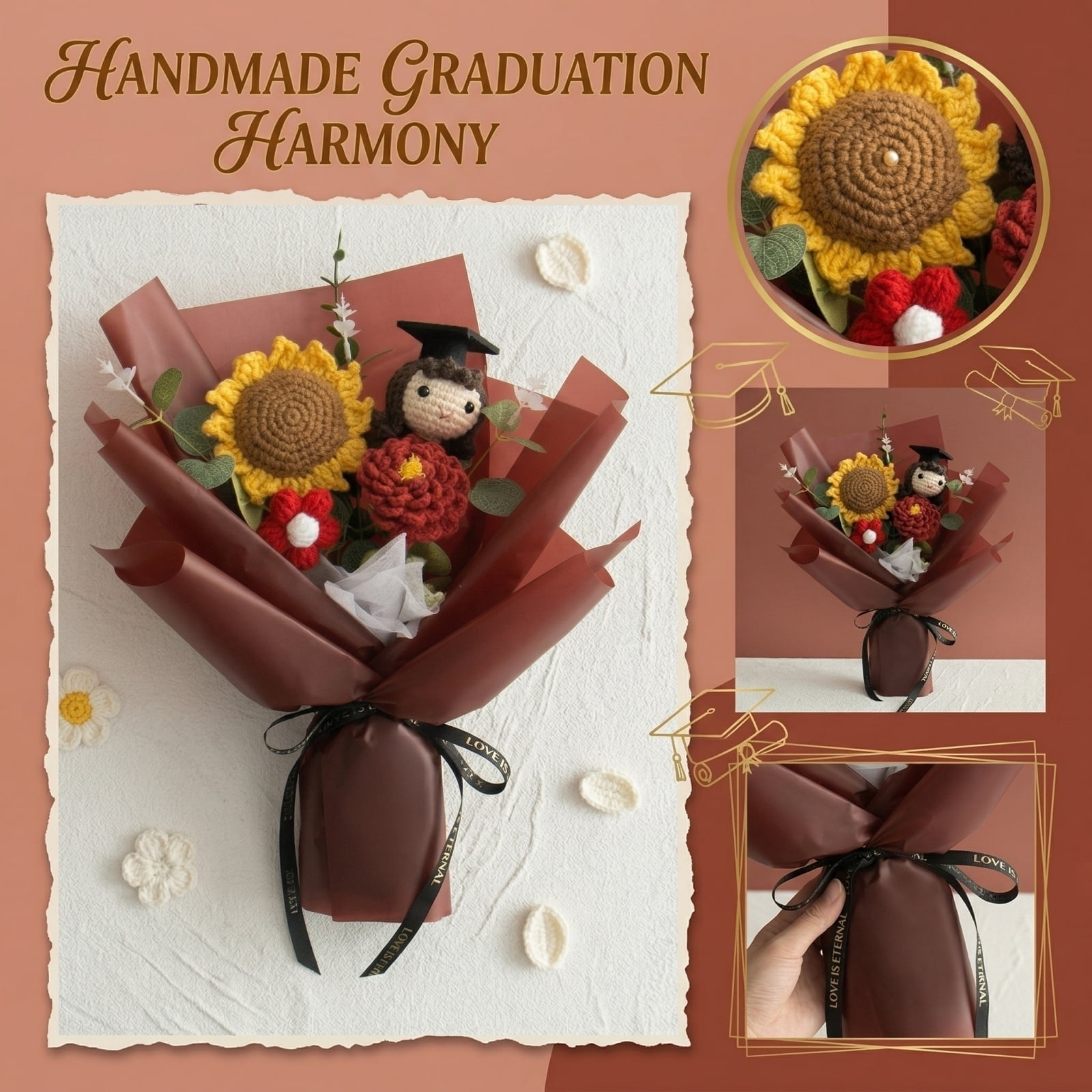 Handmade Crochet Sunflower Bouquet Graduation Cap Decorations Graduation Gifts Crochet Flower Bouquet with Brown Floral Wrapping Paper and Graduation Ribbon for Graduation Decor