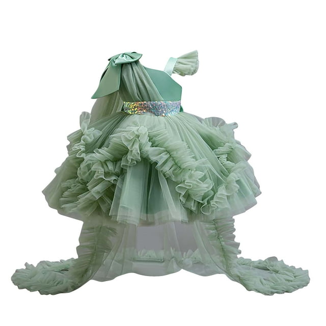 RXMEKW Robe de Fête pour Filles, Robe Élégante Pailletée Colorée Dégradée avec Nœud Irrégulier