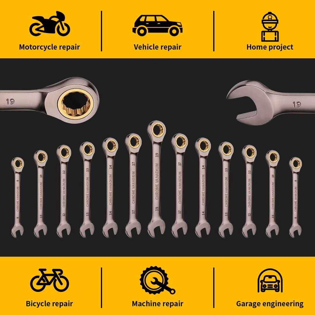 KINGWOLF 7-Piece Metric Combination Ratchet Wrenches Set, 8-19mm CR-V Ratcheting Wrench Set with Tool Pouch
