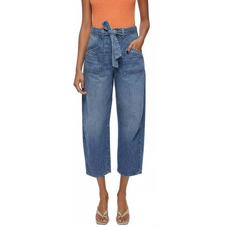 Jonathan Simkhai Womens Denim Paperbag Straight Leg Jeans