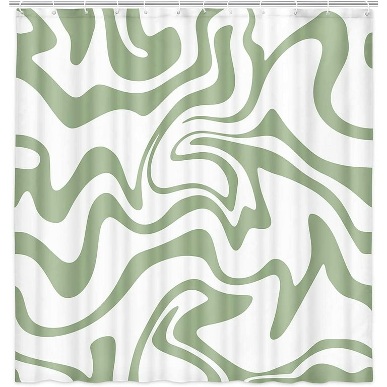 Aesthetic 70S Abstract Wavy Swirl Shower Curtain, Cute Sage Green