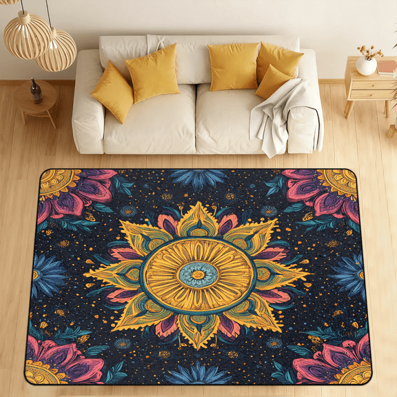 CURLYOOT Flower Area Rugs for Living Room Bedroom, 4' 10" x 6' 8" Washable Rug, Abstract Ethnic Floor Carpet with Non Slip Backing for Dining Room Indoor
