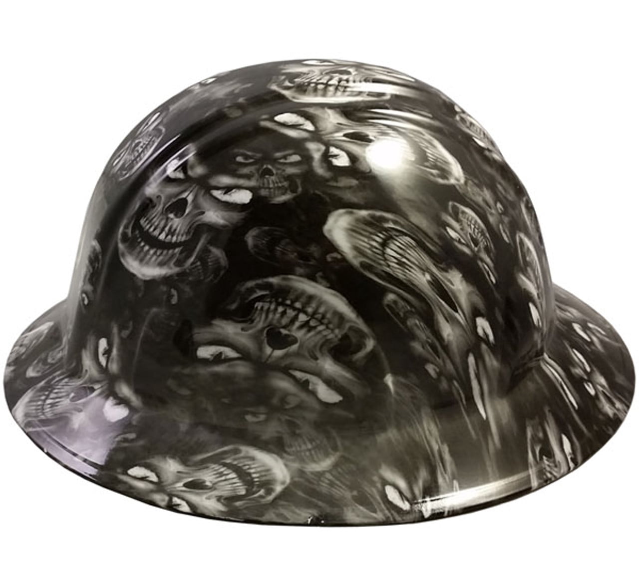 Hades Skull White Hydro Dipped Hard Hats Full Brim Style with 4 Pt Suspension