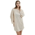 thumbnail image 4 of Robe à Paillettes Scintillantes pour Femme, Manches Longues, Col Ras du Cou, Dos Goutte d'Eau, Mini Robes avec Ceinture, Champagne, Petit, 4 of 5