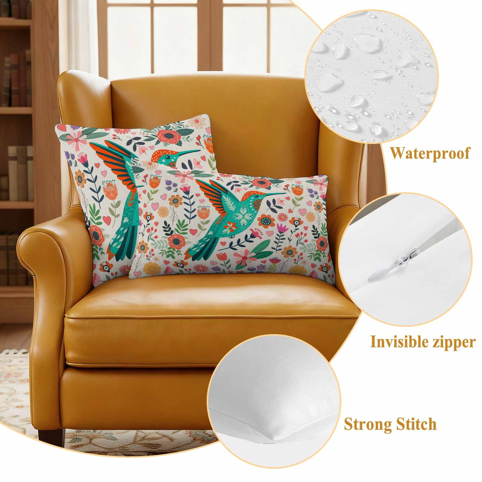 Turquoise Birds Outdoor Waterproof Pillow Covers, Country Cartoon Colorful Flowers Herbs Decorative Square Throw Pillowcase Sofa Cushion Sham for Patio/Couch/Chair, 24"x24" 2 Pack