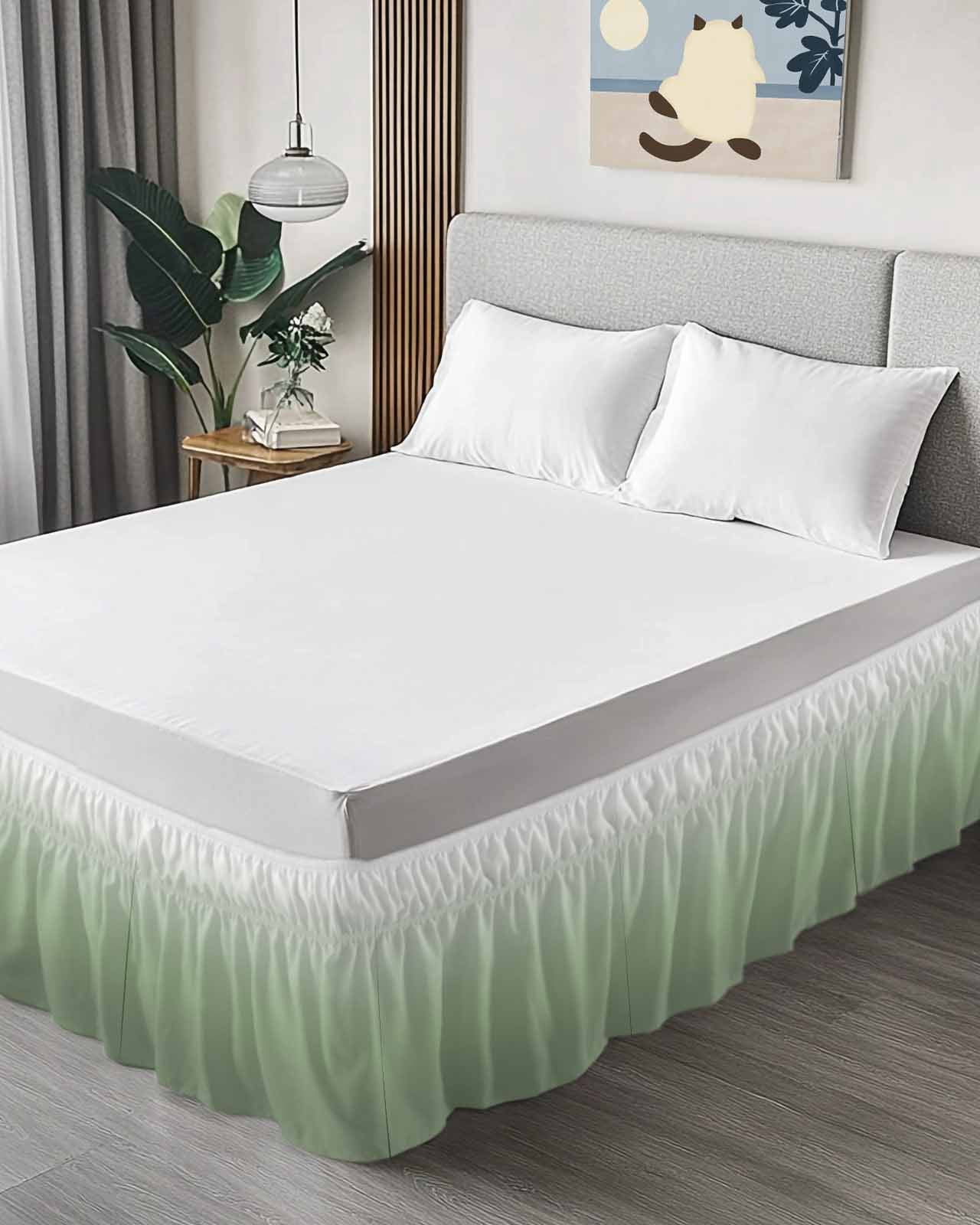 Sage Green Ombre Bed Skirt King Size, Modern Sage Green Abstract Art Wrap Around Bed Skirting with Adjustable Elastic Strap, Dust Ruffle Pleated Bedskirts 16 Inch Drop for Bedroom King Beds