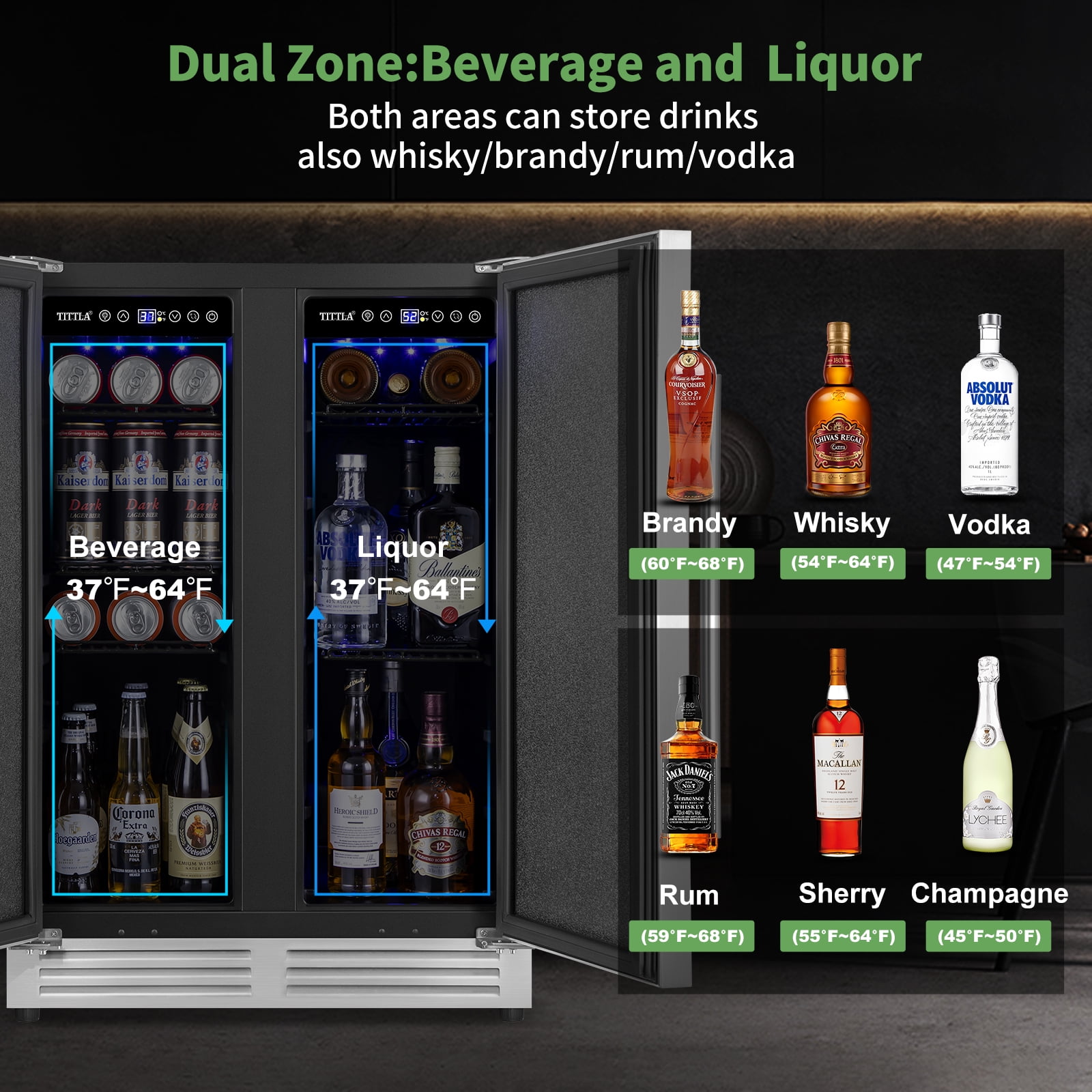 TITTLA  Beverage Refrigerator,24 Inch Wide,Dual Zone 120 Cans Built in Wine Fridge Cooler,Double Stainless Steel Doors