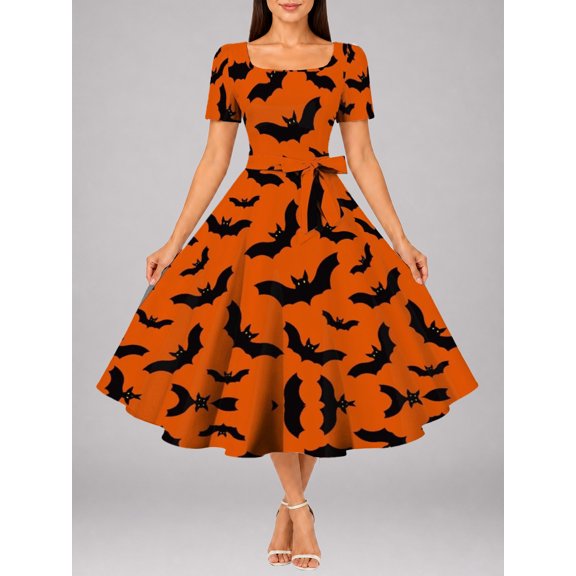Women's Fall Vintage Halloween Black Bat Dress Square Neck Short Sleeve Fit and Flare Casual Midi Dress