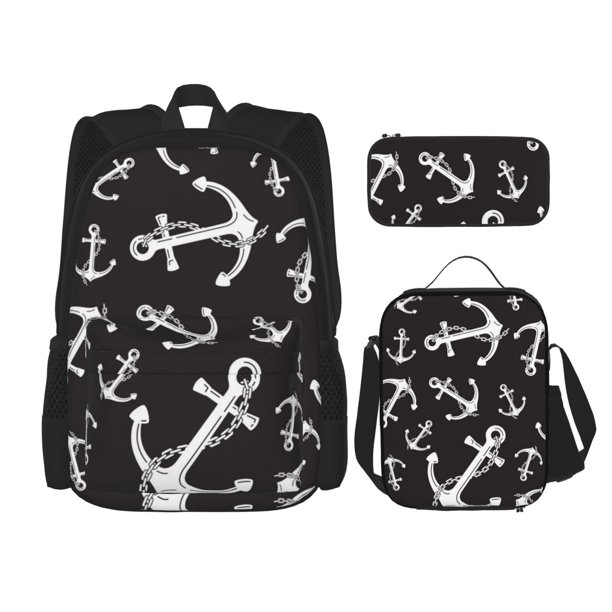 Disketp Anchor Mochila Estampada de Gran Capacidad con Lonchera y Estuche, Set de 3 Piezas para Estudiantes
