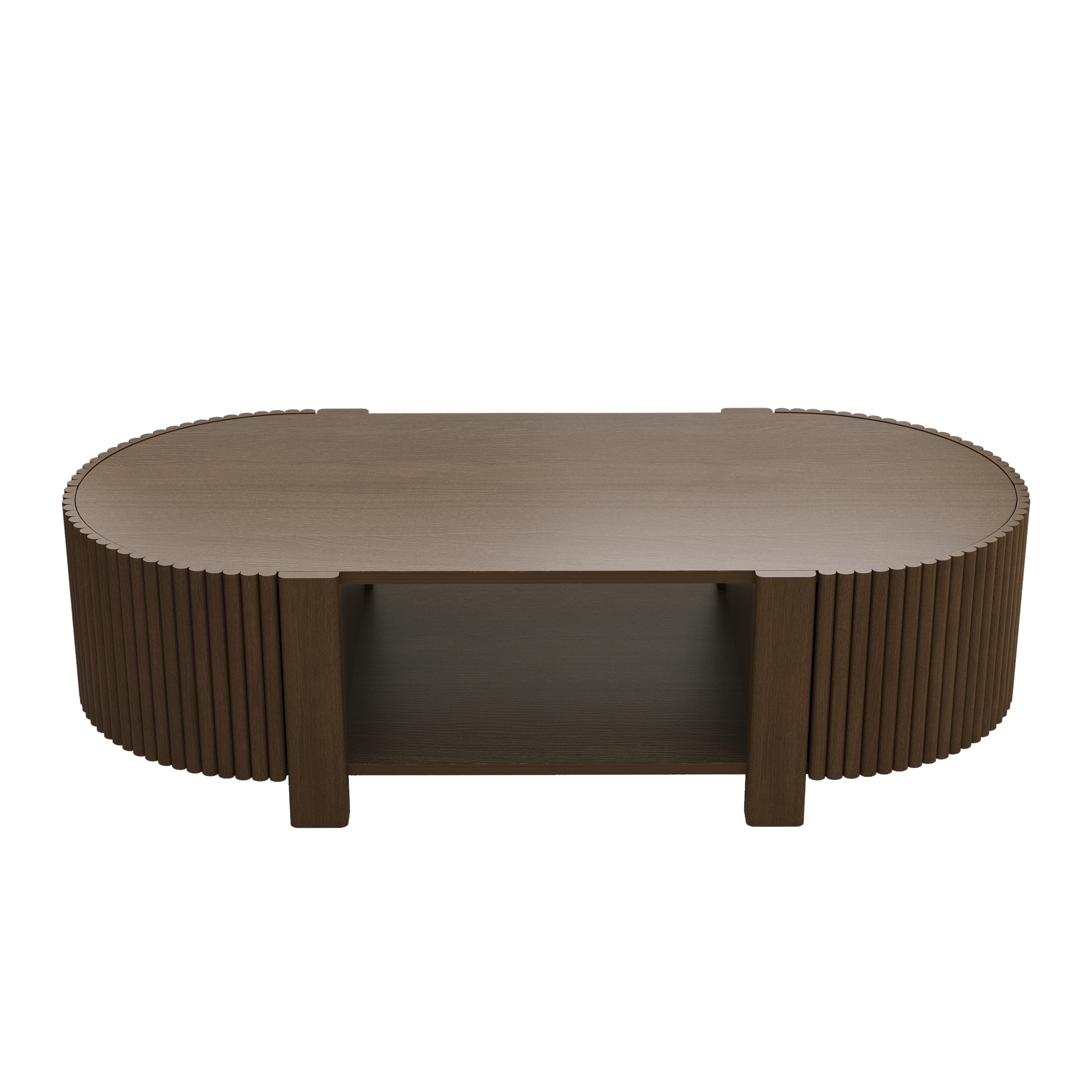 Euroco Oval Fluted Coffee Table with Storage for Living Room, 1 shelf & 2 Open Storage Doors, Walnut, 47"