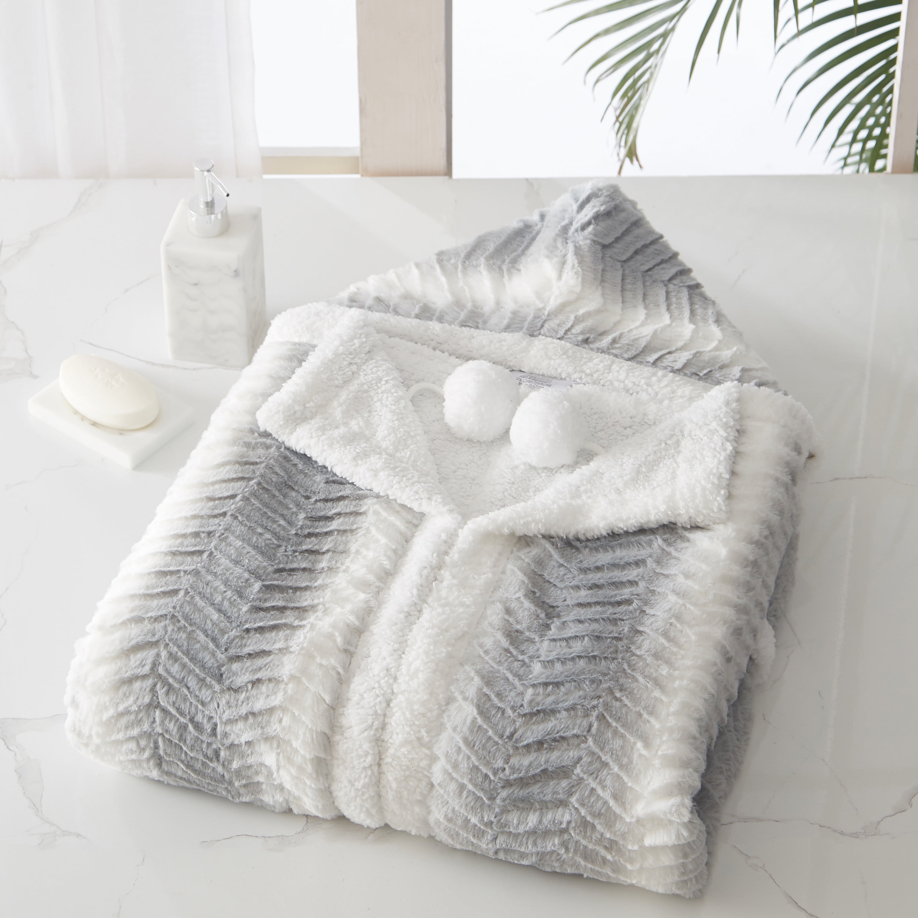 Chic Home Luigi Snuggle Hoodie Soft Coral Fleece Sherpa Lined Wearable Blanket, Grey-White 51 x 71