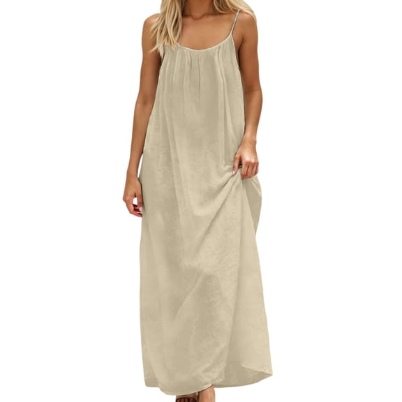 Women's Casual Sleeveless Open Back Maxi Dress – Loose Fit Beach Cover Up & Loungewear House Dress Beige M