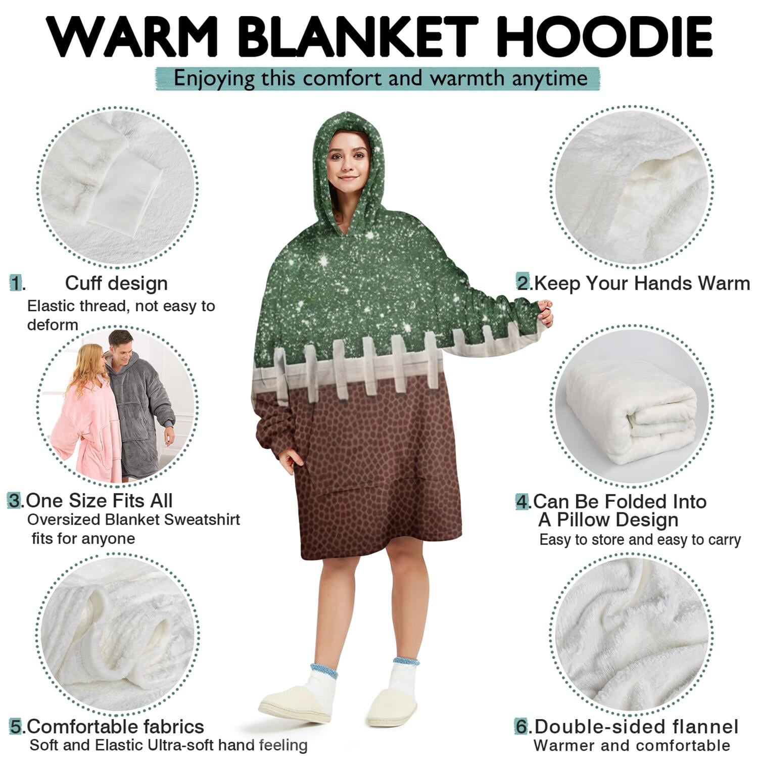 Green and Brown Football Stitch Pattern Wearable Oversized Blanket,Wearable Blanket Hoodie for Adults,Cozy Hooded Blankets with Super Pockets,Super Warm Fuzzy Pullover for Women & Men