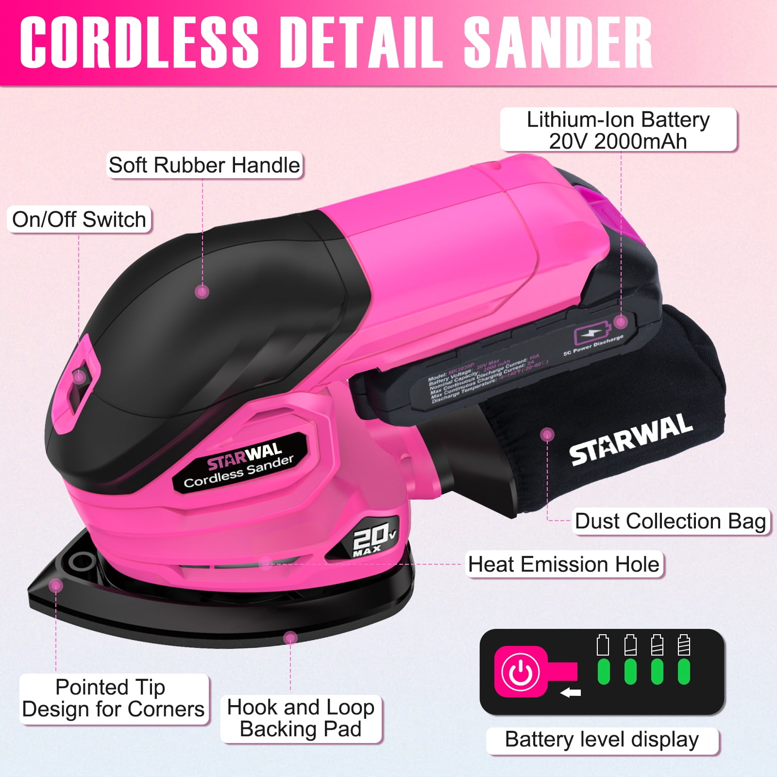 Starwal 20V Cordless Detail Sander - 12000 RPM Electric Hand Sander, Compact Palm Sander for Tight Spaces Woodworking, 2.0Ah Battery and Charger Included