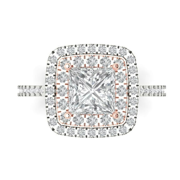 2.07 ct Princess Cut Moissanite with Simulated Diamond Halo Accents 14K White/Rose Gold Womens Engagement Ring