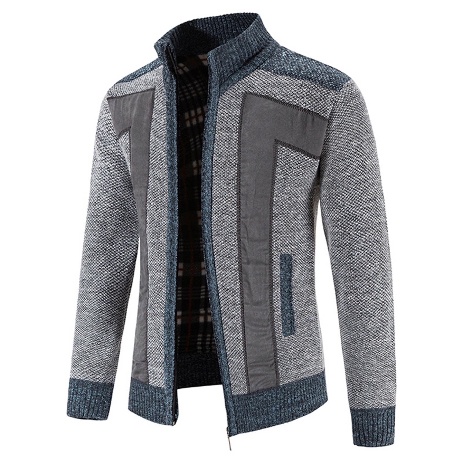 Men's Casual Patchwork Long Sleeve Knit Cardigan Zipper Sweater Coat
