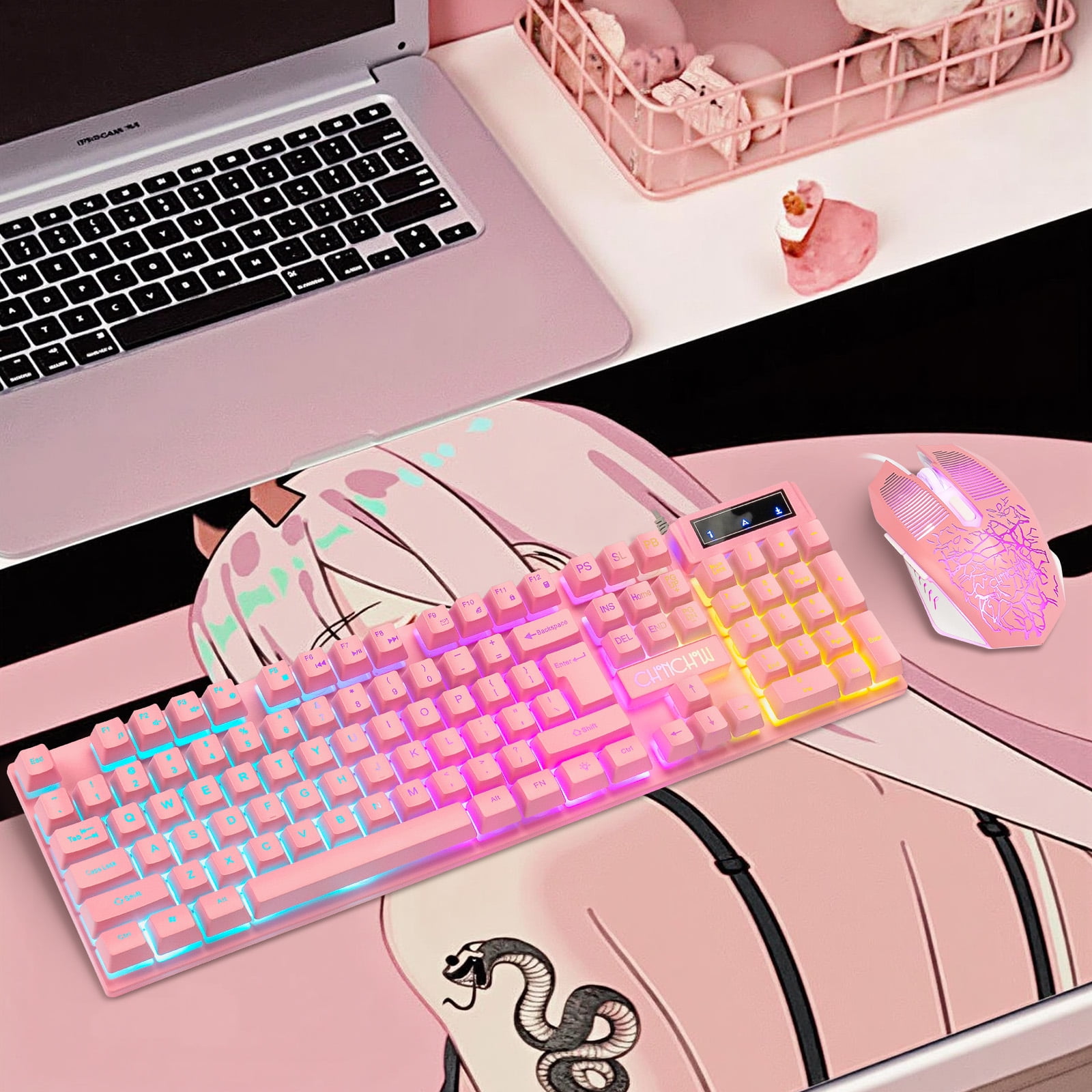 CHONCHOW Pink Gaming Keyboard and Mouse Combo, 104 Keys Wired LED Backlit, 19Anti-Ghosting, Multimedia Keys, 3600 DPI Mouse, Compatible with PC Laptop PS4  Xbox