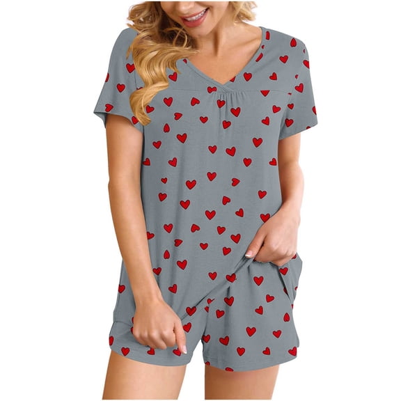 Womens Summer Pajamas Set 2 Piece Cute Heart Graphic V Neck Short Sleeve Top Shorts Sleepwear