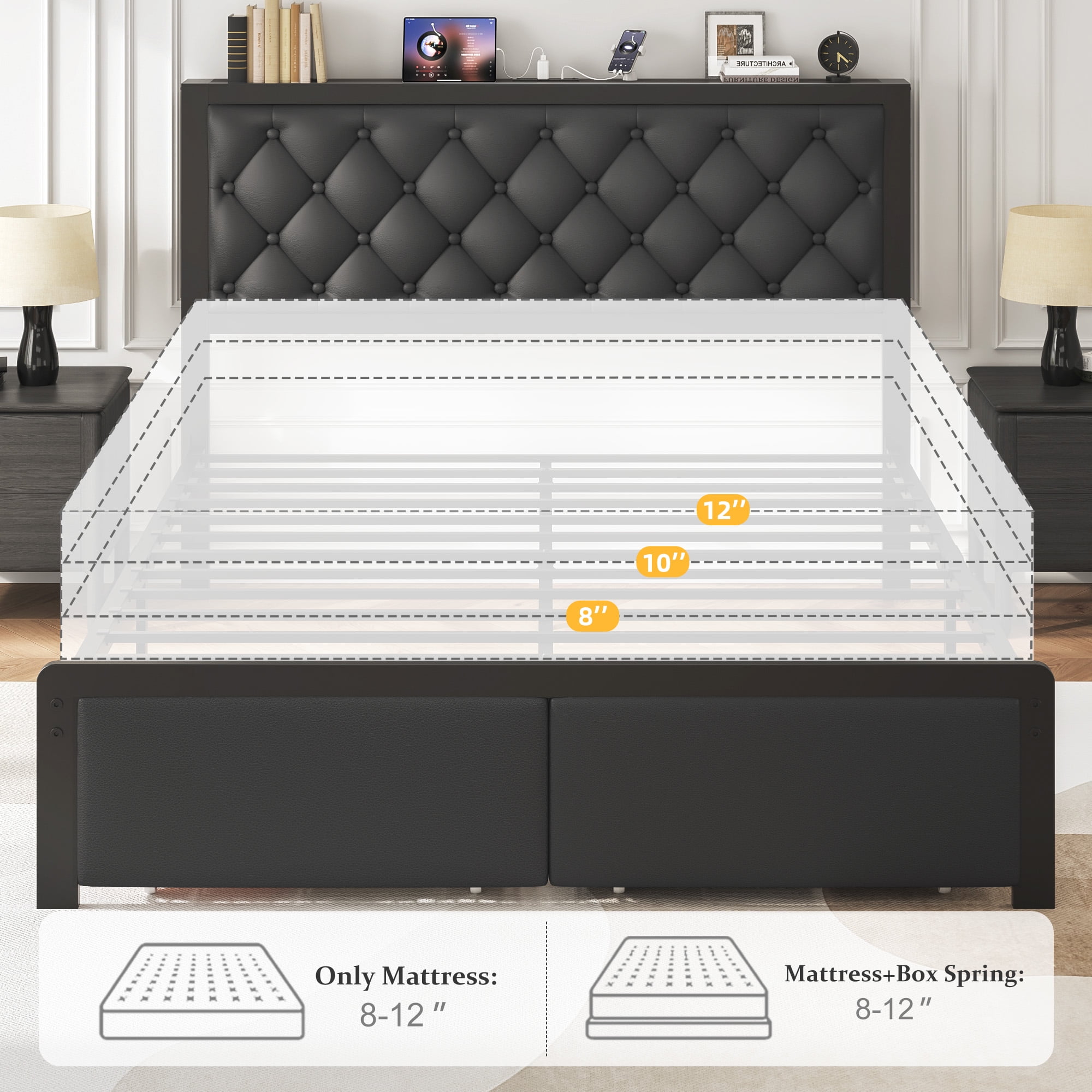 Fluest Bed Frame with Leather Upholstered Headboard, Lockable Storage, Queen Size, Black